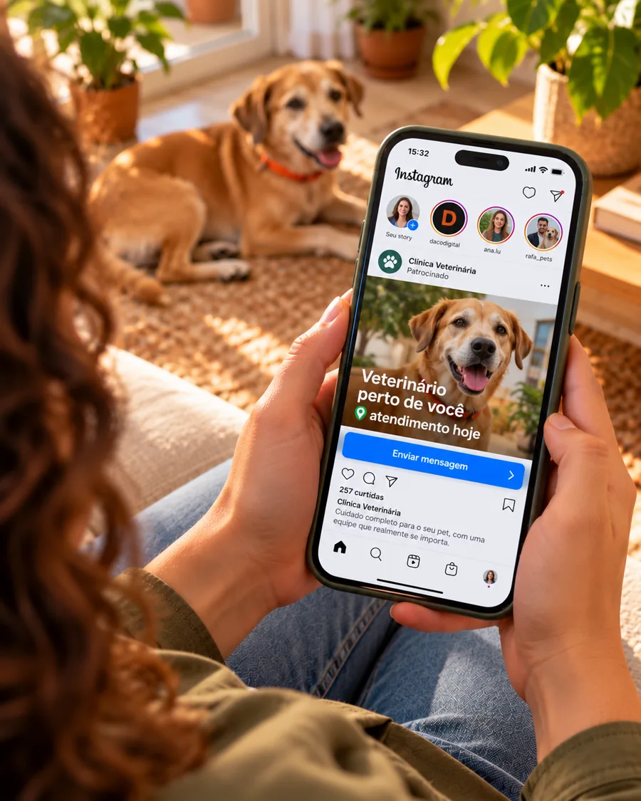 Celular mostrando um anúncio patrocinado de clínica veterinária no Instagram, com o botão Enviar mensagem
