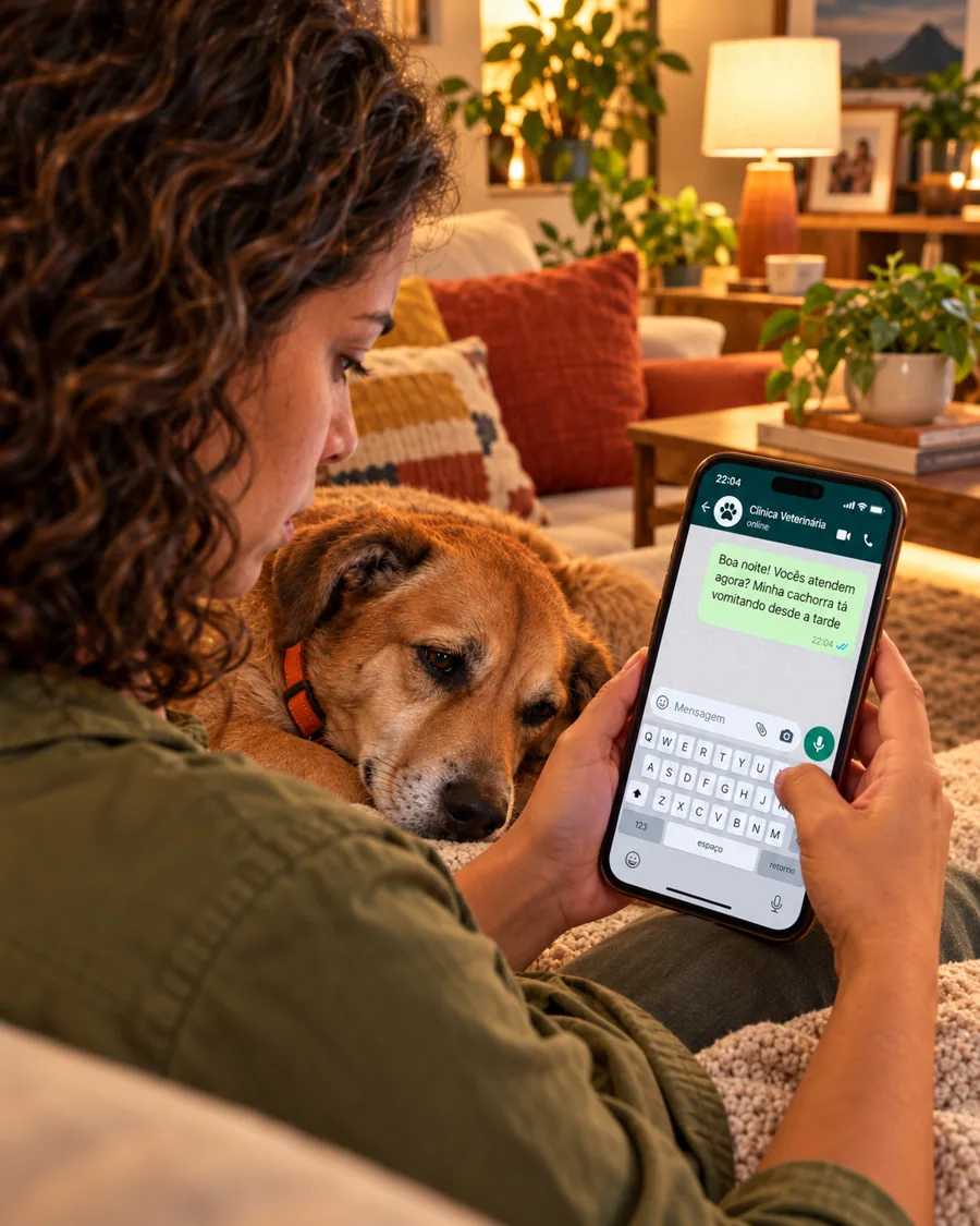 Mariana no sofá com a cachorra Mel no colo, mandando mensagem para a clínica pelo WhatsApp às 22:04