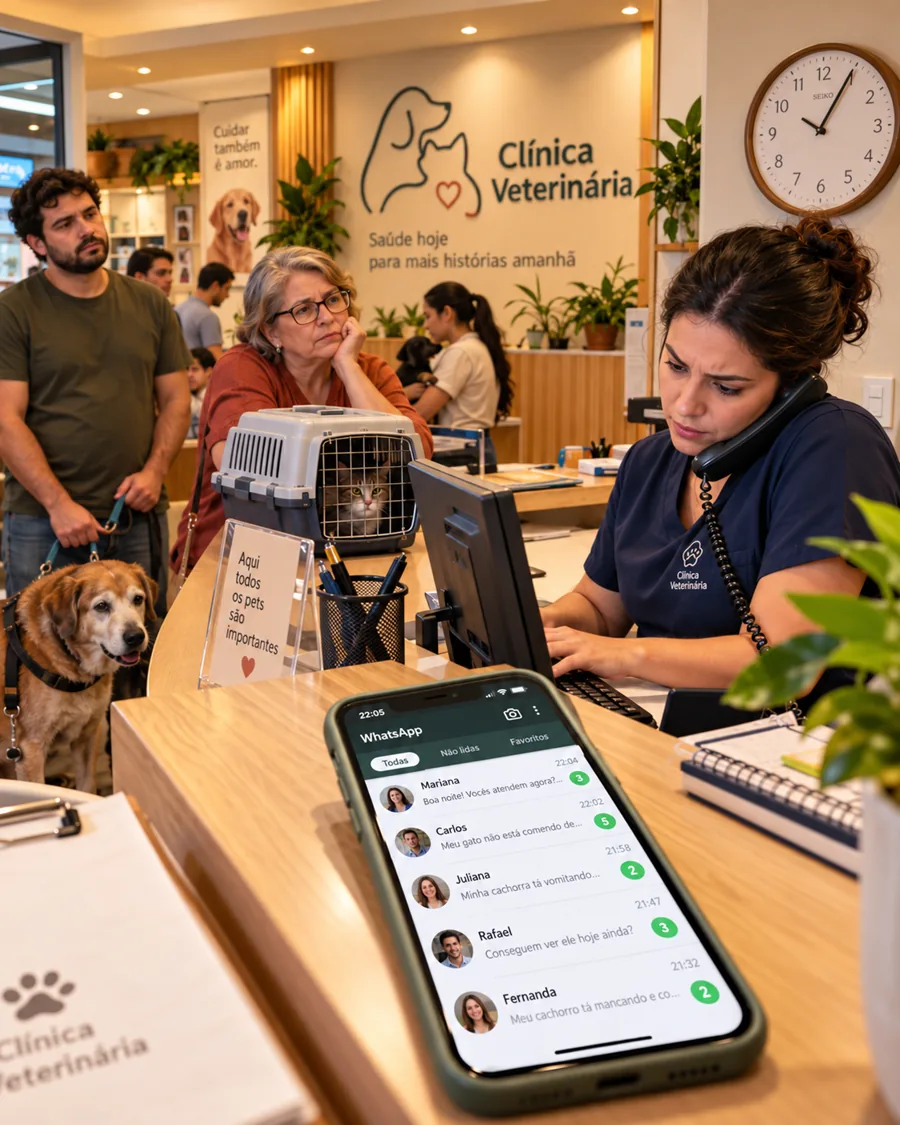 Recepção lotada, recepcionista ao telefone e celular com mensagens de WhatsApp não lidas