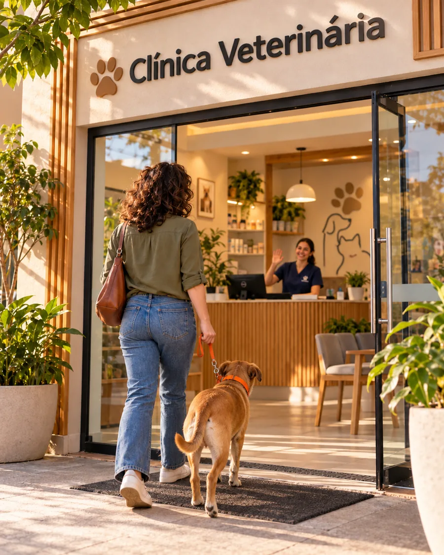 Mariana e a Mel entrando em outra clínica veterinária pela manhã